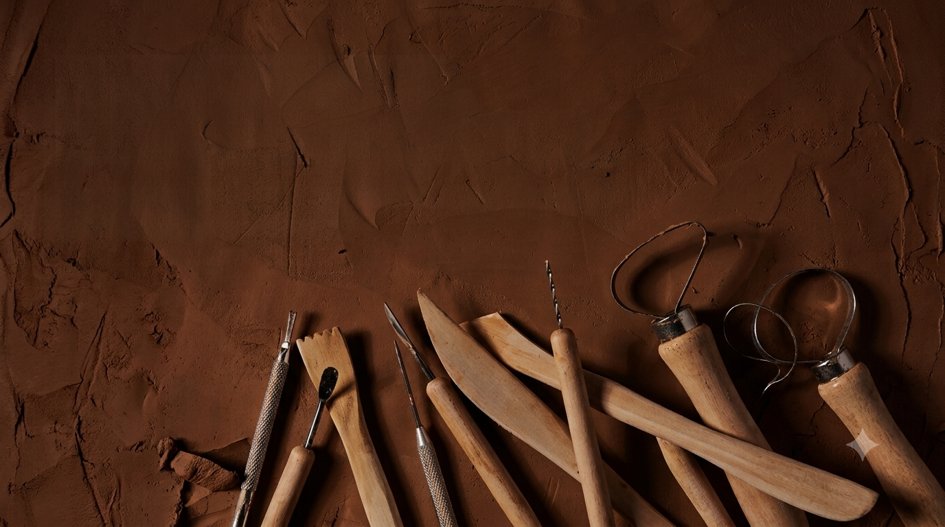 Pottery tools on clay surface